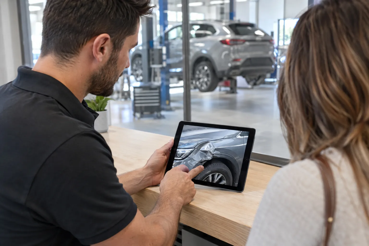 Accueil d'un atelier de carrosserie : un conseiller montre un devis sur une tablette à une cliente, vue de dos, voiture visible derrière une cloison vitrée.